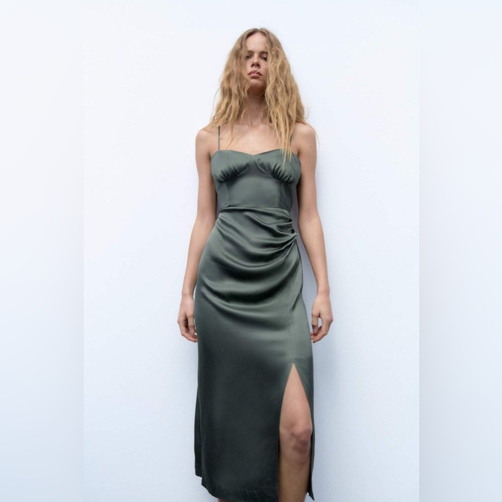 Zara Olive Green Satin Midi Slip Dress with Side Slit